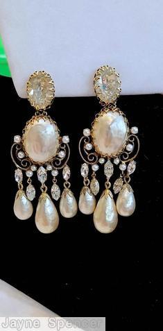 Schreiner 3 part scrollwork dangling earring bottom 3 large teardrop bubble dangle 2 navette dangle large oval cab middle large chaton top faux pearl seeds small navette crystal faux pearl large faceted oval crystal goldtune jewelry