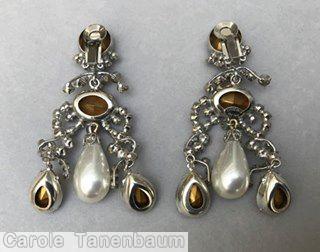 Schreiner 3 parts dangling earring 2 long dangling 1 large teardrop bottom large oval cab center large chaton small chaton cross top large faux pearl crystal silvertone jewelry