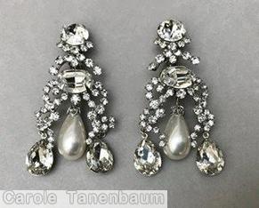 Schreiner 3 parts dangling earring 2 long dangling 1 large teardrop bottom large oval cab center large chaton small chaton cross top large faux pearl crystal silvertone jewelry