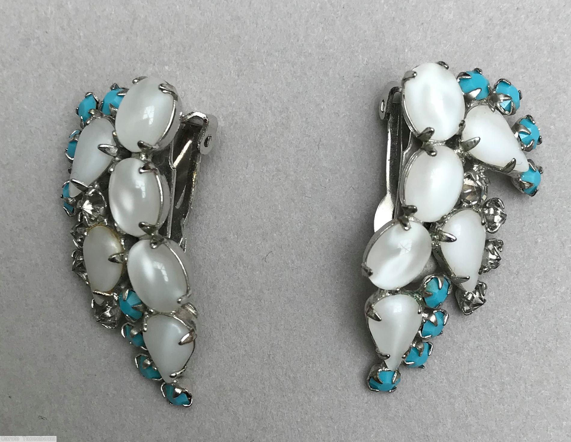 Schreiner 3 teardrop 3 oval cab 12 small chaton bordered baby blue small chaton moonglow white silvertone jewelry