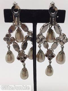 Schreiner 4 teardrop dangle in 3 row earring 4 chaton formed square faux pearl crystal silvertone jewelry