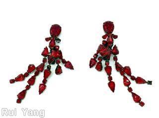 Schreiner 4 varied length dangling branch of teardrop stone dimensional top down earring teardrop stone top ruby jewelry
