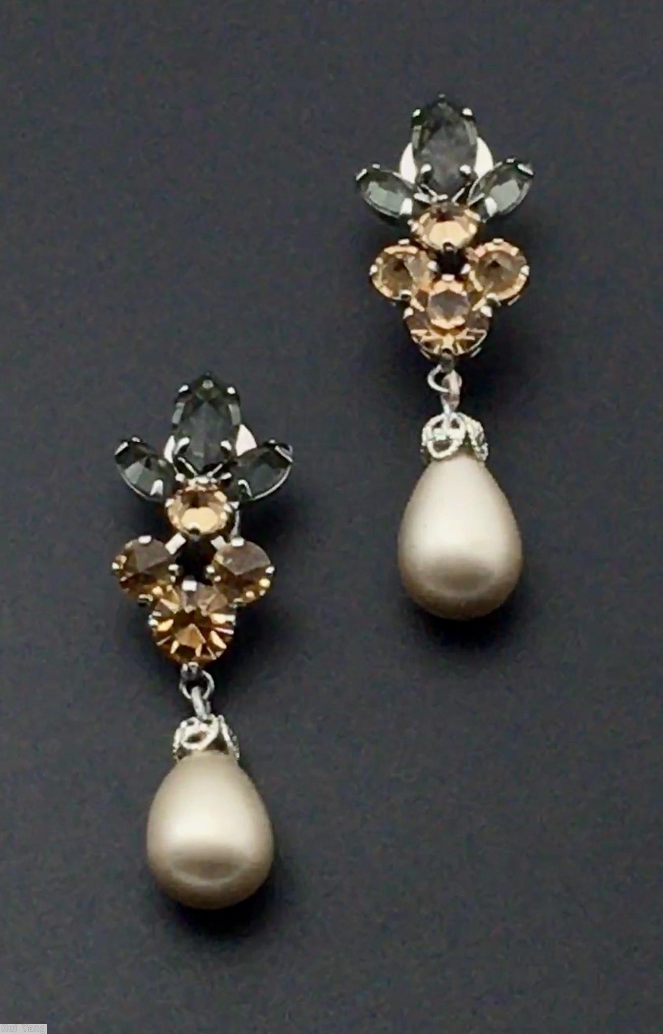 Schreiner dangling earring 1 large teardrop 4 small chaton group 3 navette top faux pearl clear champgne smoke jewelry