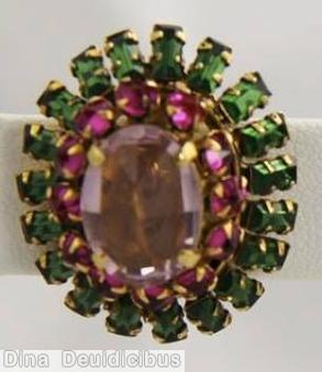 Schreiner domed radial oval earring hook eye 2 rounds large oval cab center 12 surrounding small chaton 19 baguette outside large faceted oval cab ice lavender fuchsia chaton emerald baguette jewelry
