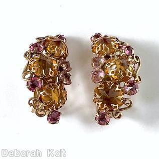 Schreiner ear shaped earring 3 large inverted stone scrollwork border 6 chaton topaz large inverted stone clear ice pink small inverted stone goldtone jewelry
