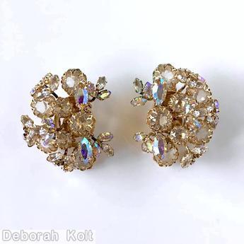Schreiner half sector radial earring 4 chaton 5 small branch crystal ab goldtone jewelry