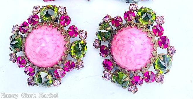 Schreiner large chaton square earring 4 chaton corner marbled pink large chaton peridot purple ice lavender goldtone jewelry