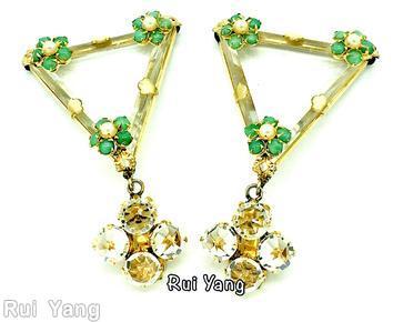 Schreiner large faceted openback triangle crystal dangling earring 3 flower head 4 chaton top crystal green faux pearl goldtone jewelry