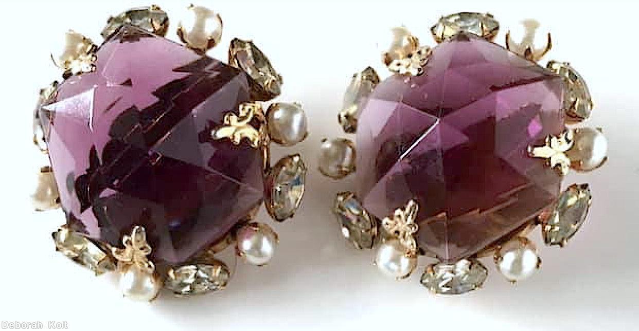 Schreiner large hexagonal rose cut center stone 6 surrounding bordered small navette 6 surrounding small faux pearl purple large hexagonal rose cut stone crystal small navette goldtone jewelry