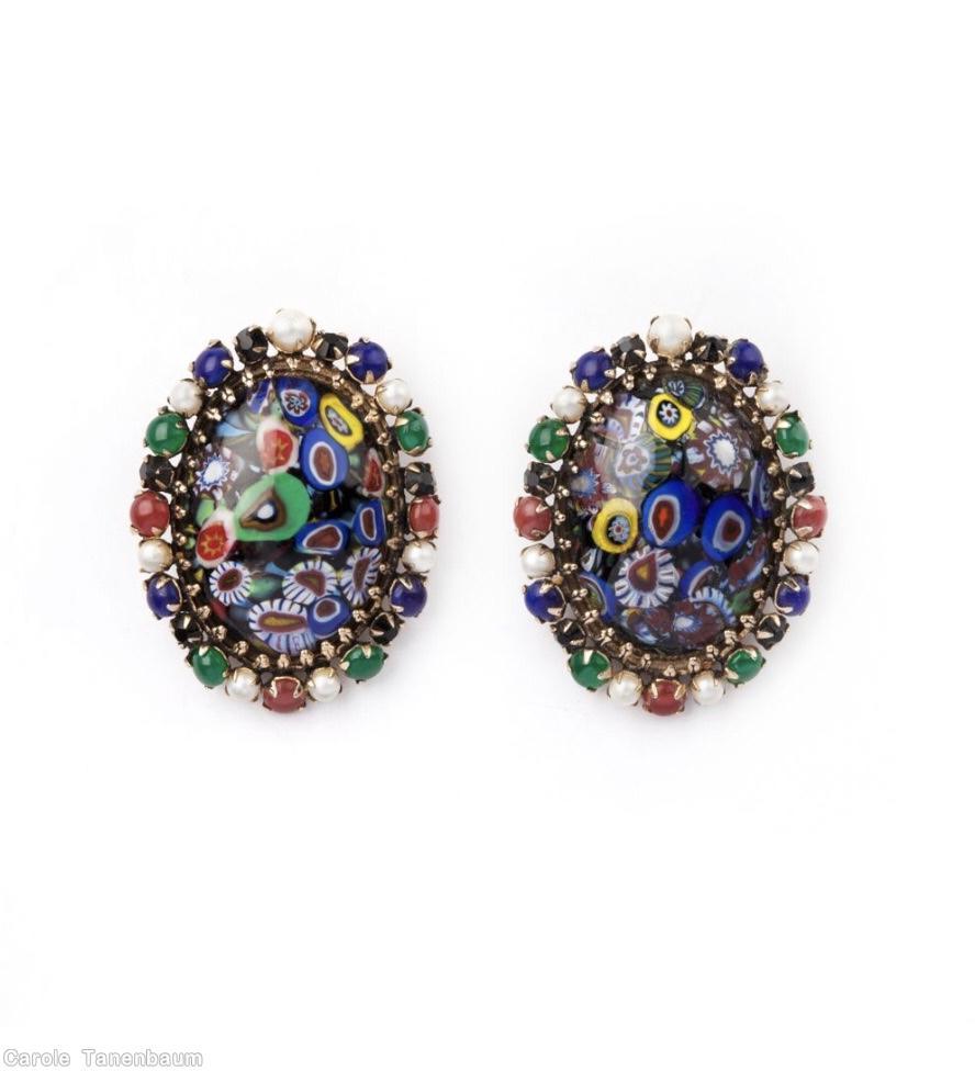 Schreiner large oval millefiori center 25 surrounding small stone blue millefiori faux pearl emearld small chaton lapis small chaton carnelian small chaton goldtone jewelry