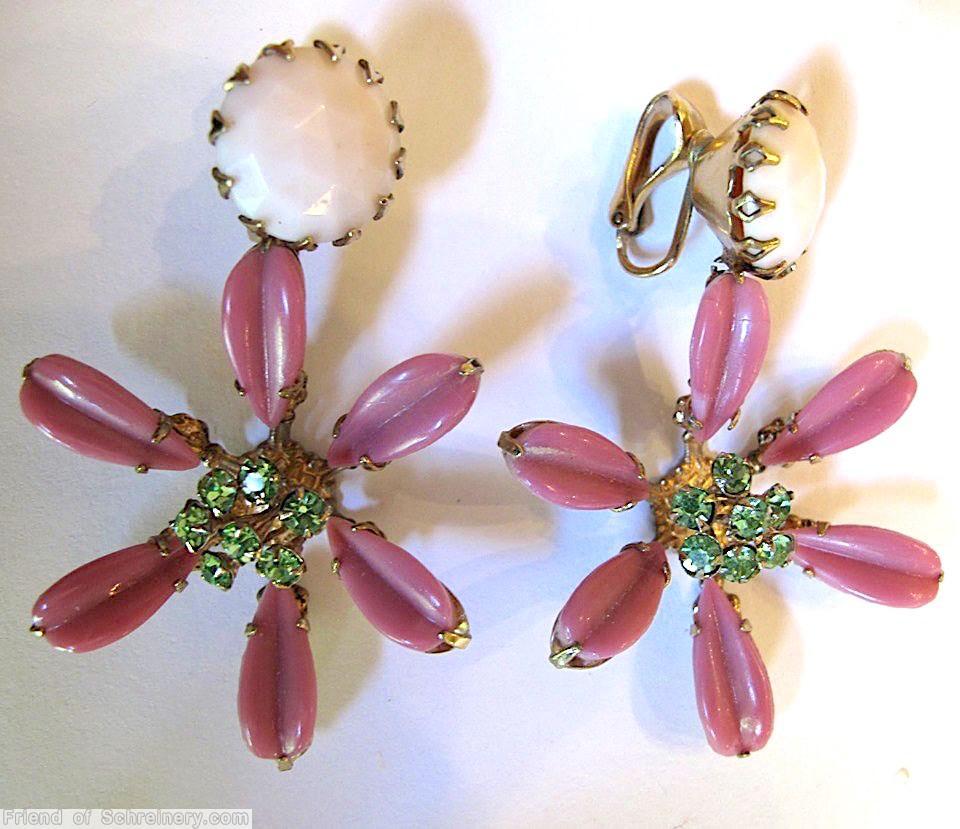 Schreiner radial 6 petal dangling earring 1 large chaton top 7 small chaton center floral metal back opaque pink petal stone white rose cut large chaton goldtone green jewelry