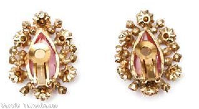 Schreiner radial earring 1 large faceted teardrop center 1 round surrounding 6 chaton 8 bar of small chaton bicolor coral pink faceted large teardrop pink peach amber jewelry