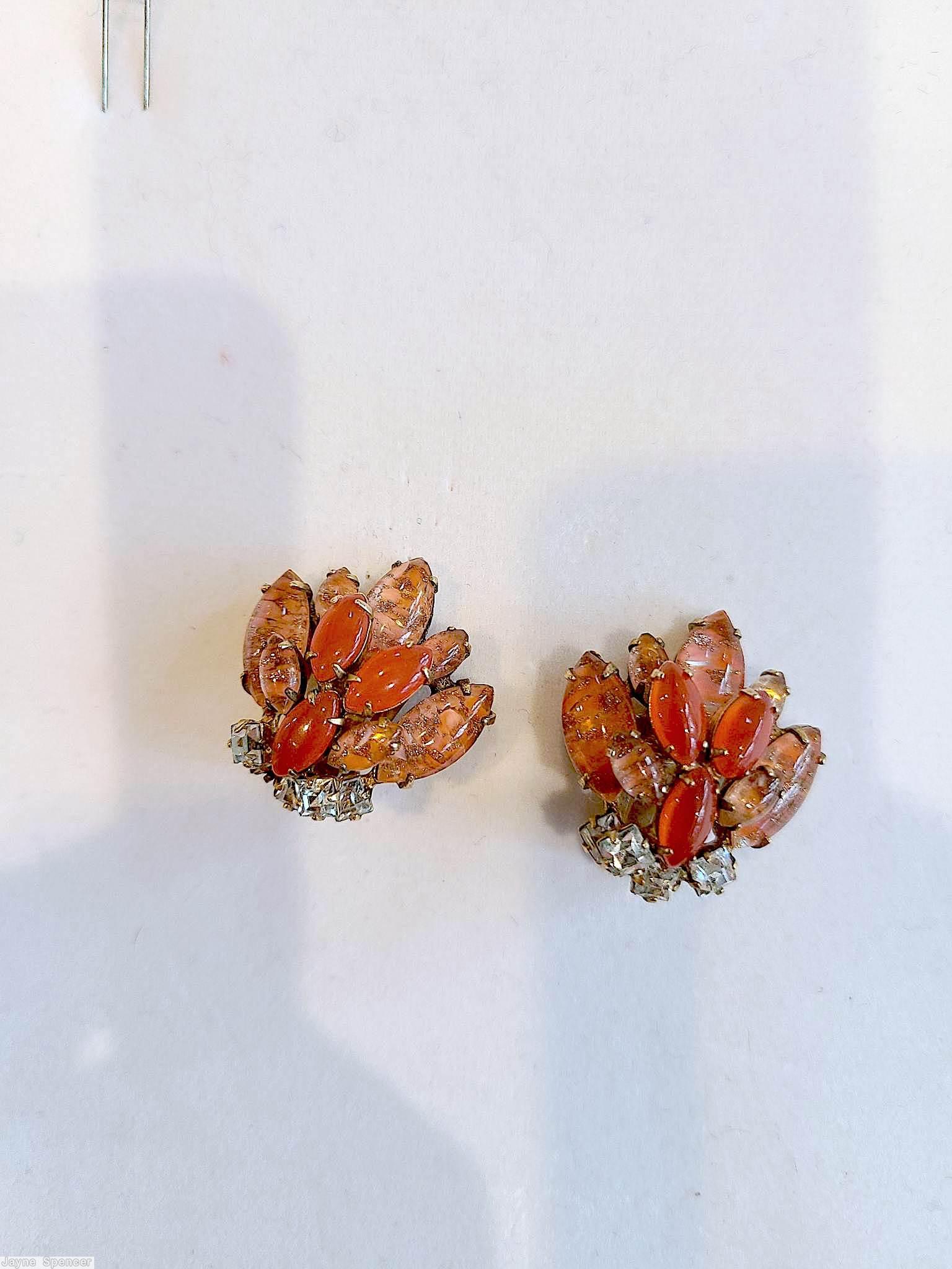 Schreiner side radial 2 level earring 4 navette 6 small navette 3 small square stone peach venetian crystal square carnelian navette goldtone jewelry