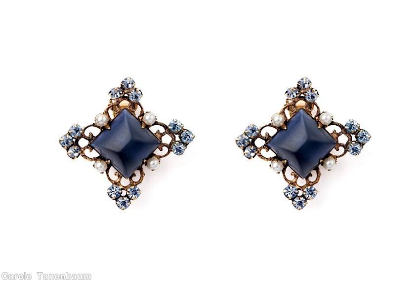 Schreiner square shaped radial earrings large matte 4 sided stone center 4 pearl scrollwork 12 small chaton navy matte large 4 sided center ice blue small chaton faux pearl goldtone jewelry