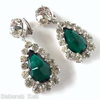 Schreiner top down dangle earrings top 1 large chaton bottom large teardrop 14 varied size chaton emerald teardrop crystal silvertone jewelry