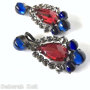 Schreiner top down dangle earrings top 1 large chaton bottom large teardrop 14 varied size chaton ruby large teardrop royal blue round globe crystal inverted stone silvertone jewelry
