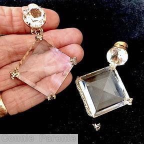Schreiner top down dangling earring bottom large faceted square crystal twisted wire border top 1 faceted round stone crystal goldtone jewelry