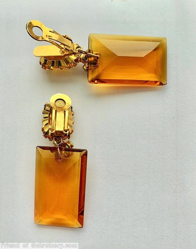 Schreiner top down dangling large faceted rectangle frameless stone earring large emerald cut top 1 flower head amber large faceted rectangle stone amber emerald cut blue chaton goldtone jewelry