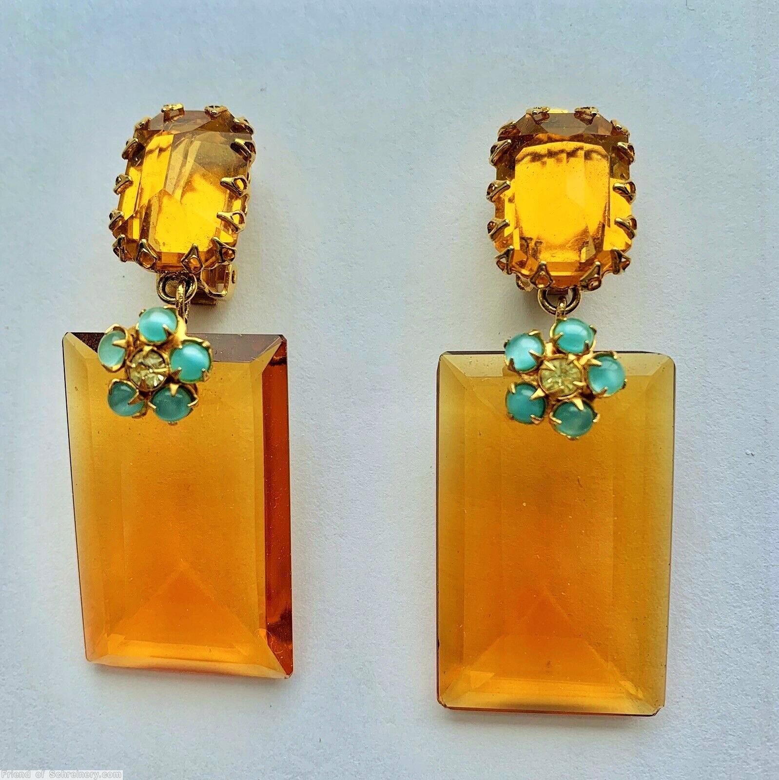 Schreiner top down dangling large faceted rectangle frameless stone earring large emerald cut top 1 flower head amber large faceted rectangle stone amber emerald cut blue chaton goldtone jewelry