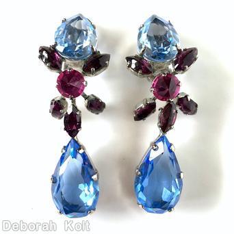 Schreiner top down long earring top large teardrop bottom large teardrop round stone center 5 surrounding movable navette clear blue facted large teardrop fuchsia large inverted center stone clear wine navette silvertone jewelry