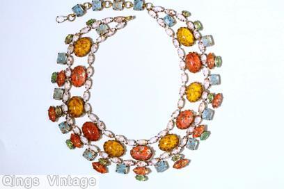 Schreiner 2 navette strand 11 large oval cab necklace small square stone navette all venetian coral amber aqua green white goldtone jewelry