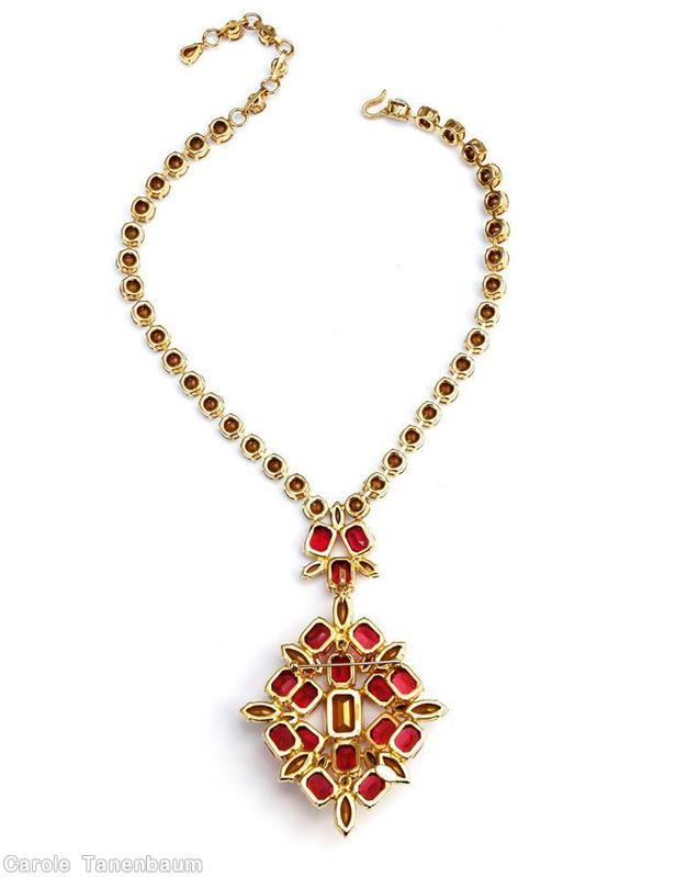 Schreiner diamond shaped pendant 2 level 14 large emerald cut bordered large emerald cut center chain of chaton ruby crystal goldtone jewelry