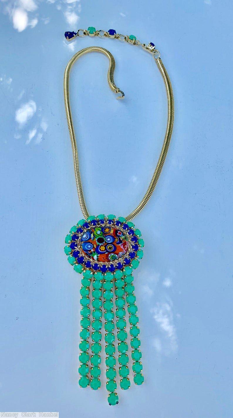 Schreiner large oval millefiori top 21 surrounding small stone 5 dangling fringe opaque green lapis chaton goldtone jewelry