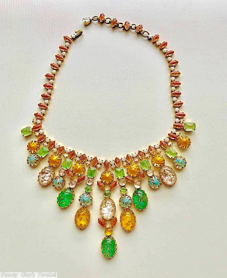 Schreiner single chain of navette chaton 15 drippy branch radial necklace 7 large chaton disc 8 emerald cut 7 large oval cap carnelian moonglow white venetian aqua green white amber goldtone jewelry