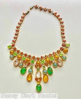 Schreiner single chain of navette chaton 15 drippy branch radial necklace 7 large chaton disc 8 emerald cut 7 large oval cap carnelian moonglow white venetian aqua green white amber goldtone jewelry