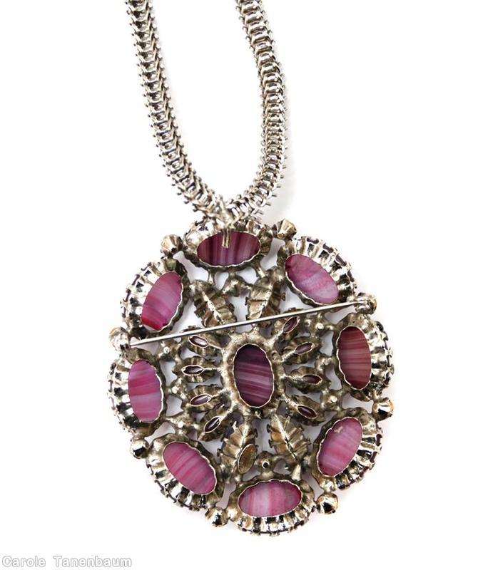 Schreiner single metal mesh chain 8 large oval cab side domed oval pendant oval cab center 4 large navette 8 small navette white chalk purple large oval cab bicolor navette moonglow white purple silvertone jewelry
