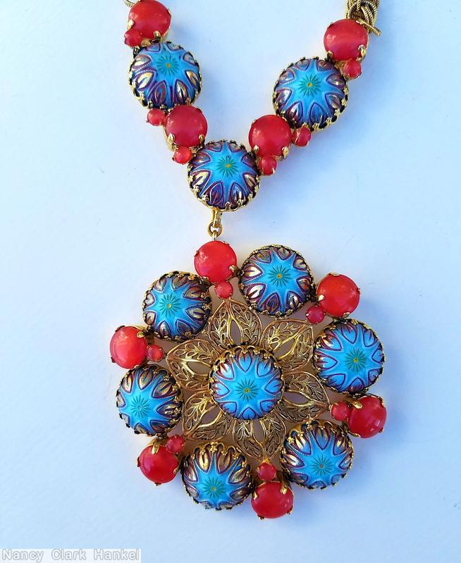 Schreiner single slim metal mesh chain 7 large round art glass radial round pendant filigree 6 chaton baby blue molded close back art glass carnelian goldtone jewelry
