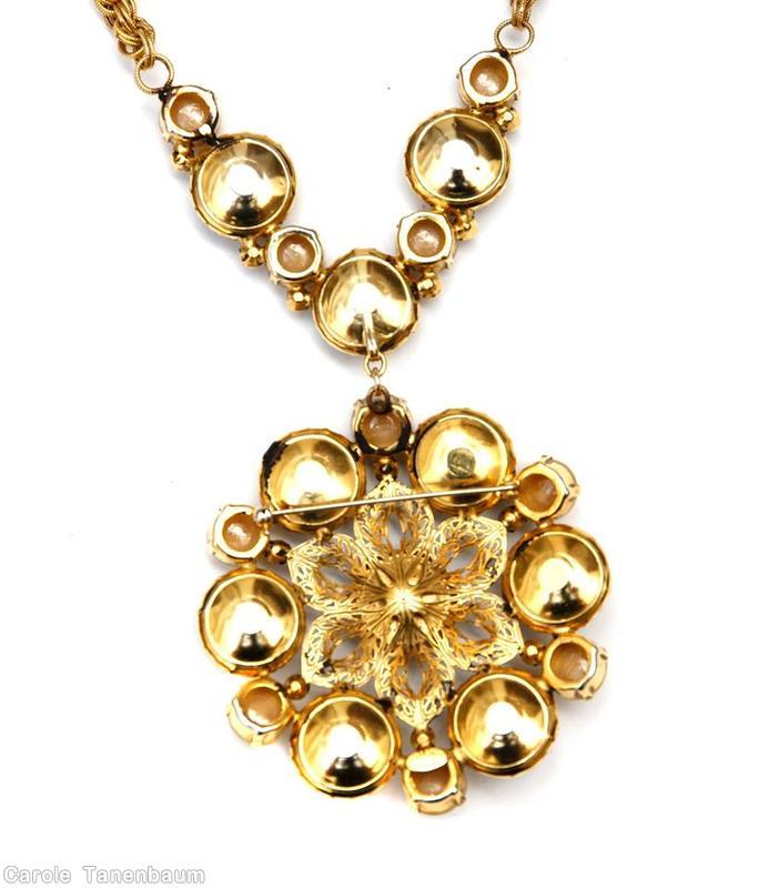 Schreiner single slim metal mesh chain 7 large round art glass radial round pendant filigree 6 chaton green yellow molded close back art glass moonglow ivory inverted chaton goldtone jewelry