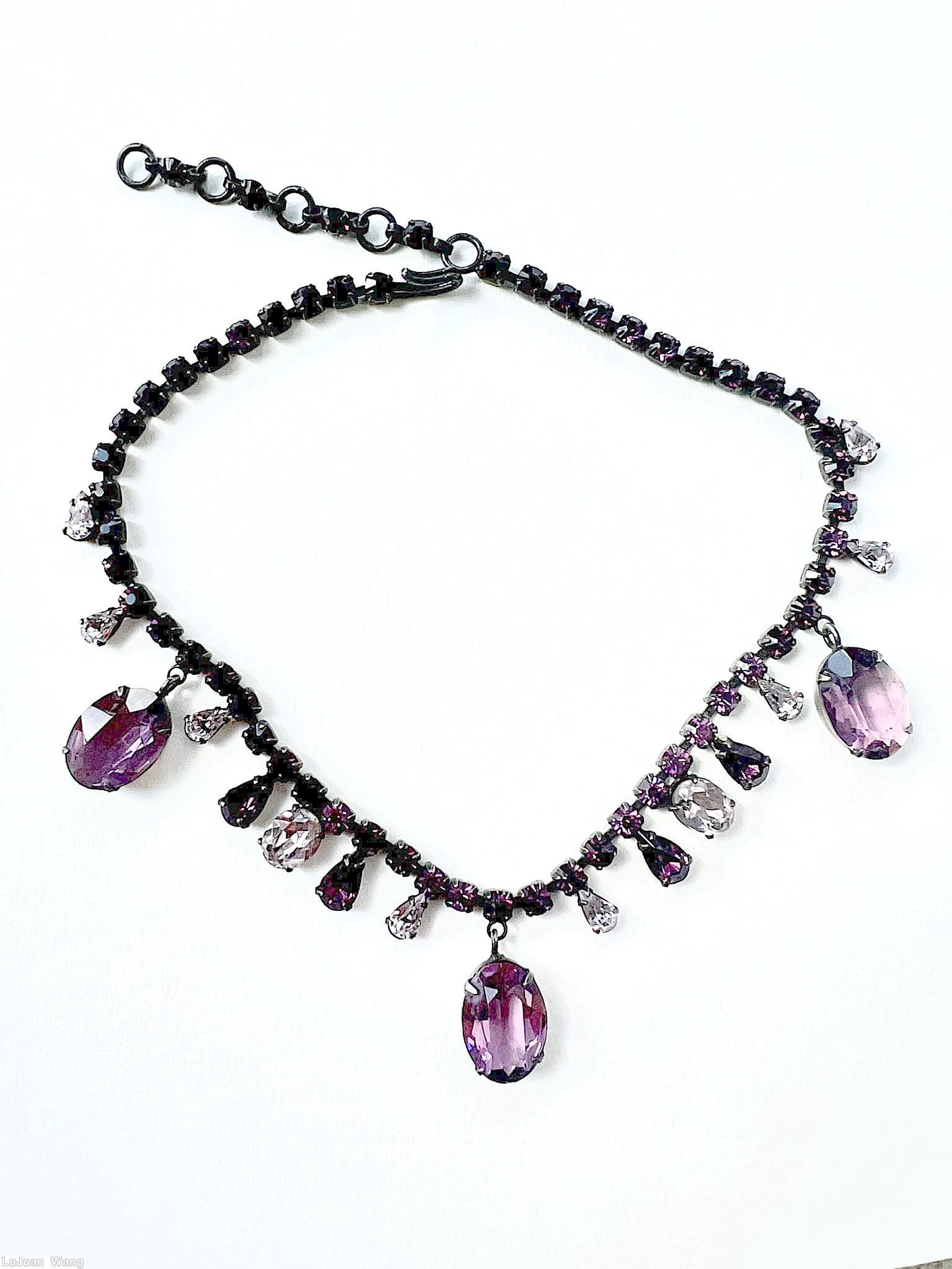 Schreiner single strand 3 dangling large oval stone 12 dangling small teardrop 2 small oval cab chain of small chaton purple large faceted dangling oval stone purple crystal gun metal jewelry