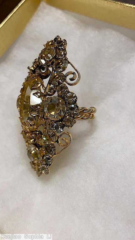 Schreiner diamond shaped ring large oval center stone 4 large chaton scrollwork champagne faceted large oval stone smoky goldtone jewelry