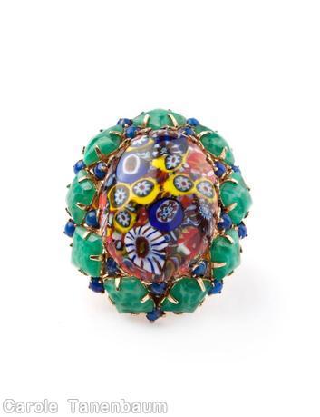 Schreiner large oval millefiori center domed ring 9 square surrounding stone 18 seeds jade square stone lapis small chaton goldtone jewelry
