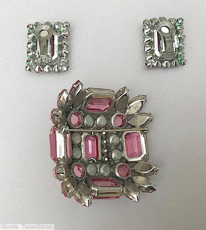 Schreiner 4 large emerald cut side rectangle pin 4 large chaton corner large emerald cut center pink green jewelry