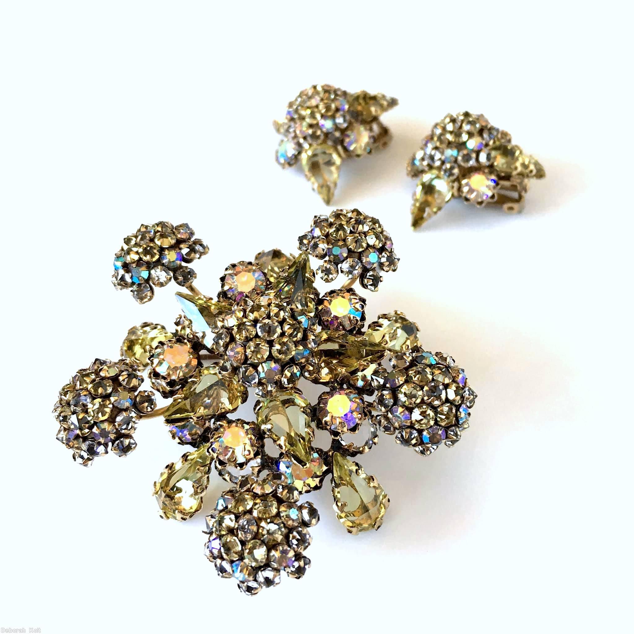 Schreiner 5 pointy star shaped domed radial 2 level pin 6 clustered ball clustered ball center 10 teardrop clear champagne ab goldtone jewelry