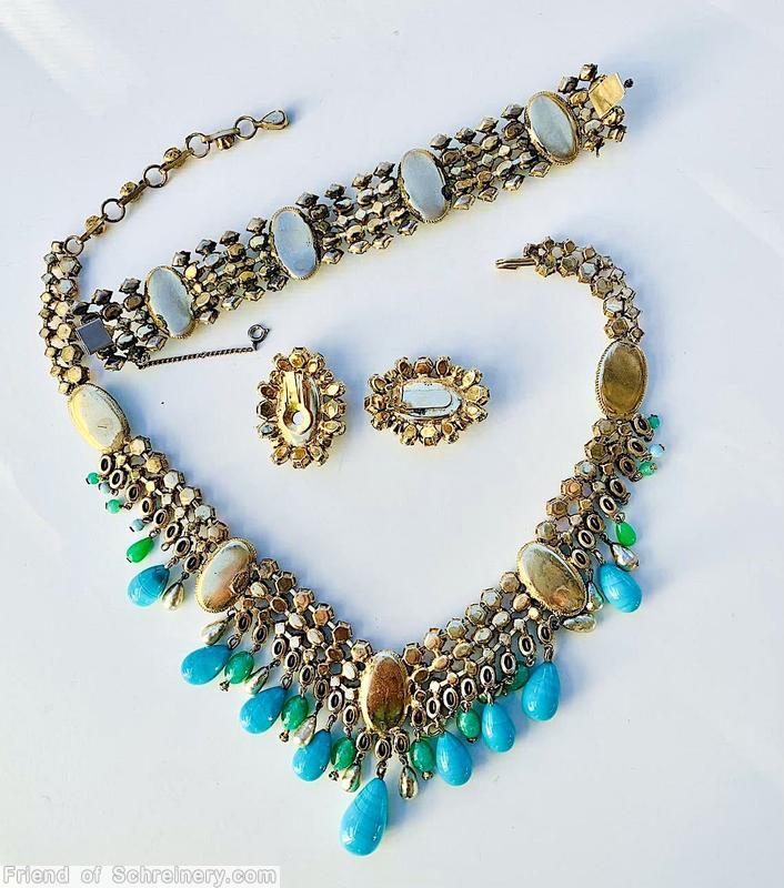 Schreiner 5 row wide bracelet 4 large oval cab turquoise large oval cab amber faux pearl blue square stone green goldtone jewelry