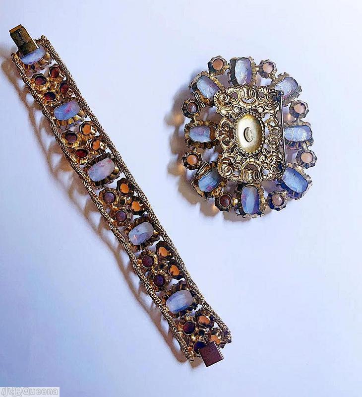 Schreiner 9 emerald cut metal deco oval pin 12 chaton coral speckled emerald cut carnelian chaton goldtone jewelry