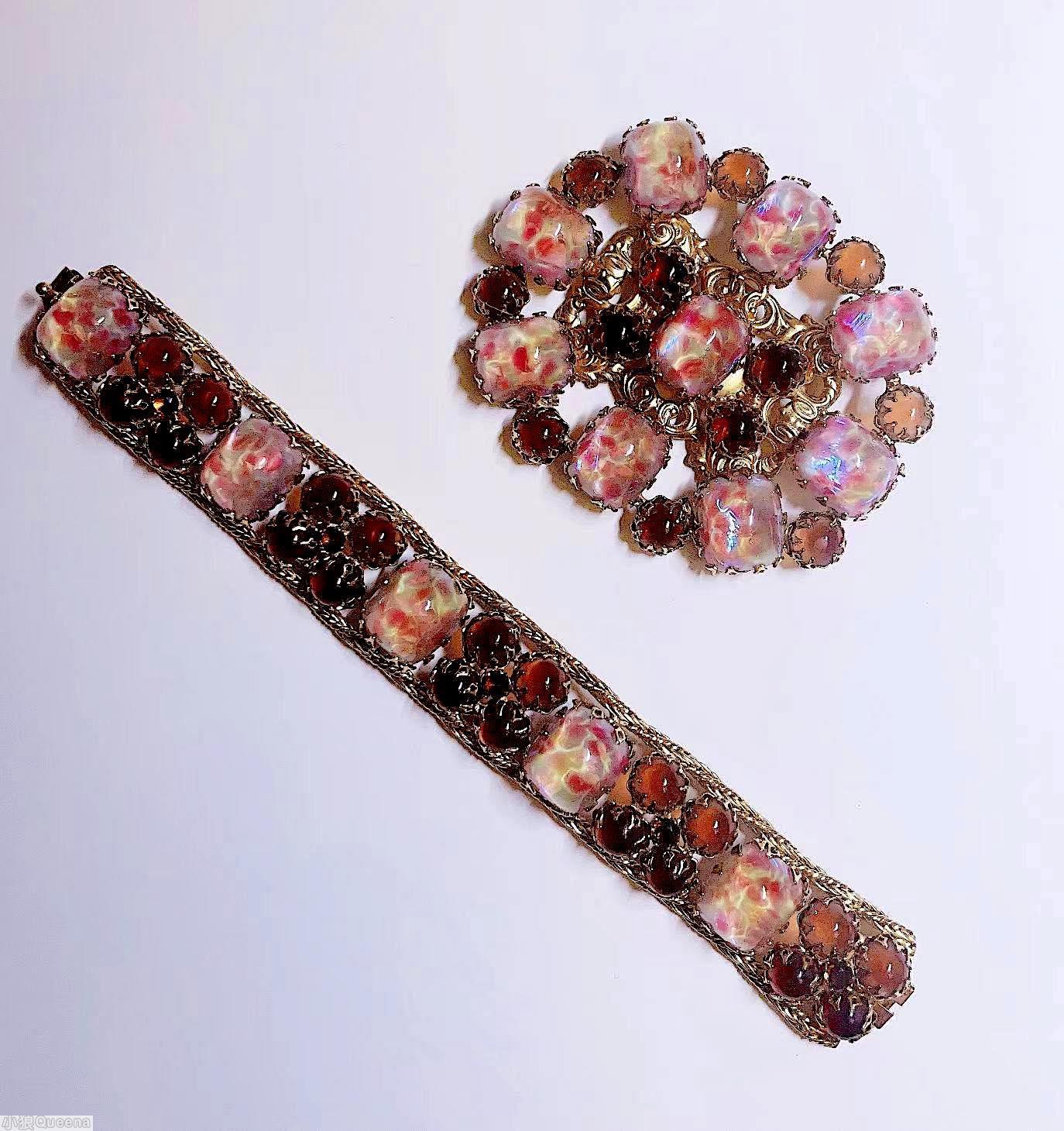 Schreiner 9 emerald cut metal deco oval pin 12 chaton coral speckled emerald cut carnelian chaton goldtone jewelry