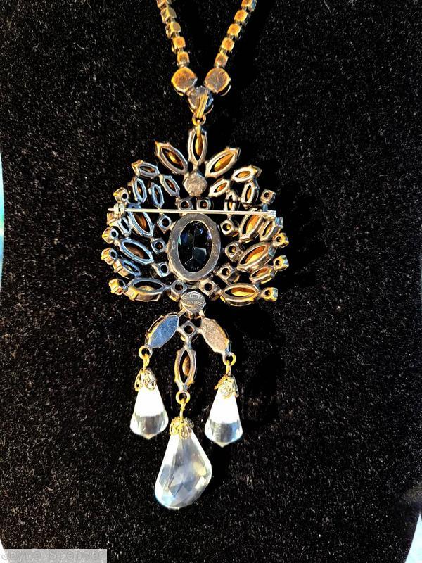 Schreiner dahlia pendant single strand 3 dangling teardrop faux pearl large oval white moon rock crystal silvertone jewelry