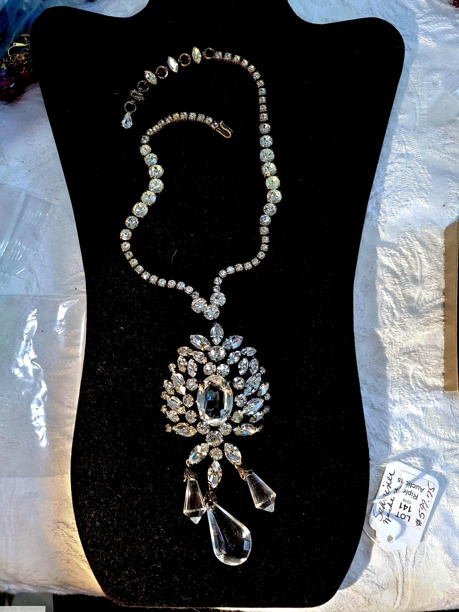 Schreiner dahlia pendant single strand 3 dangling teardrop faux pearl large oval white moon rock crystal silvertone jewelry