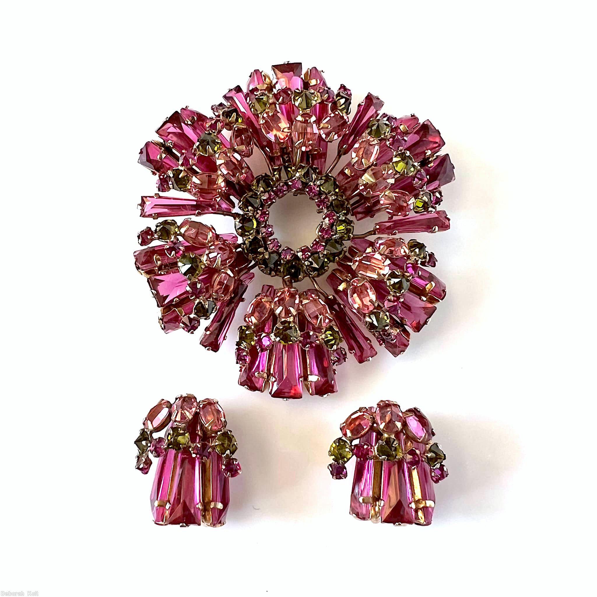 Schreiner hexagon keystone ruffle pin 2 level radial hook eye pink fuchsia peach peridot jewelry