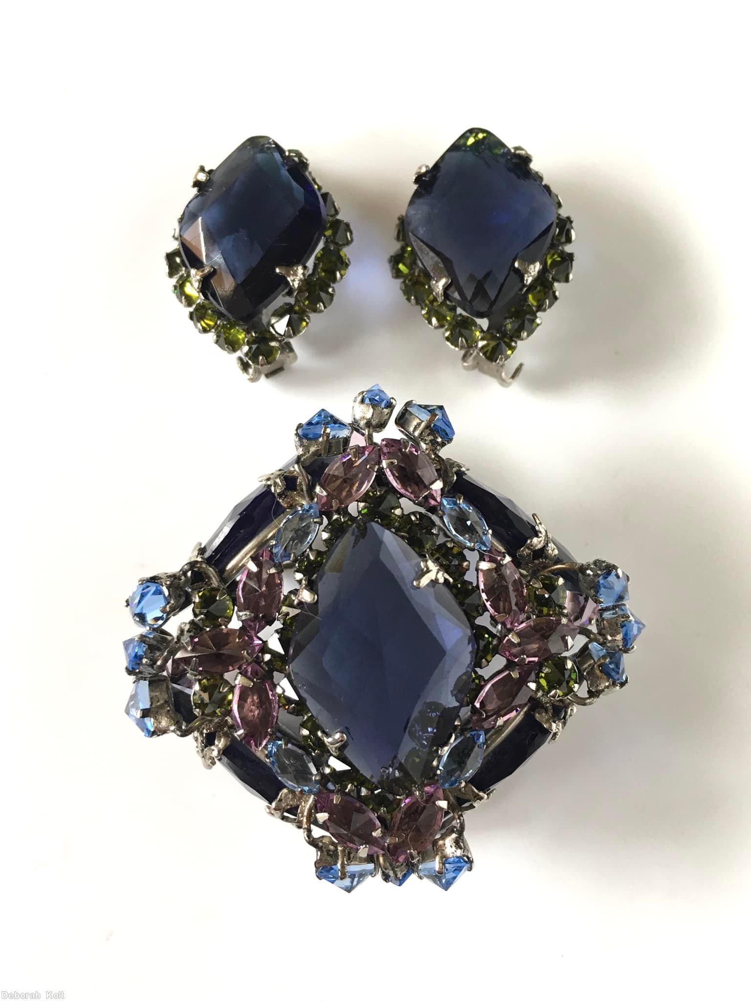 Schreiner large diamond faceted center high domed square pin 4 large side navy large diamond shaped faceted stone peridot chaton blue small navette lavender small navette jewelry