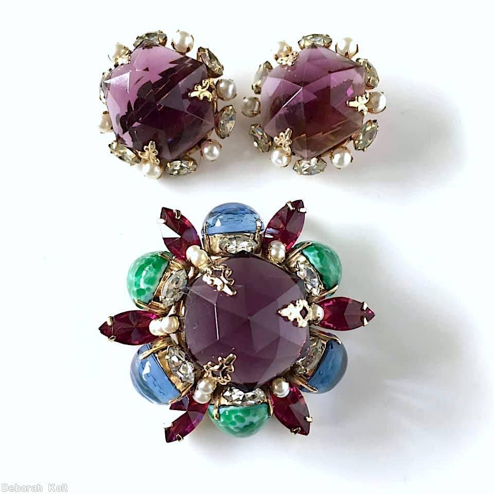 Schreiner mile high domed round pin 6 large oval side stone large round top stone 6 navette large hexagonal rose cut purple stone blue large oval cab large oval speckled jade cab crystal navette faux pearl fuschia large navette goldtone jewelry