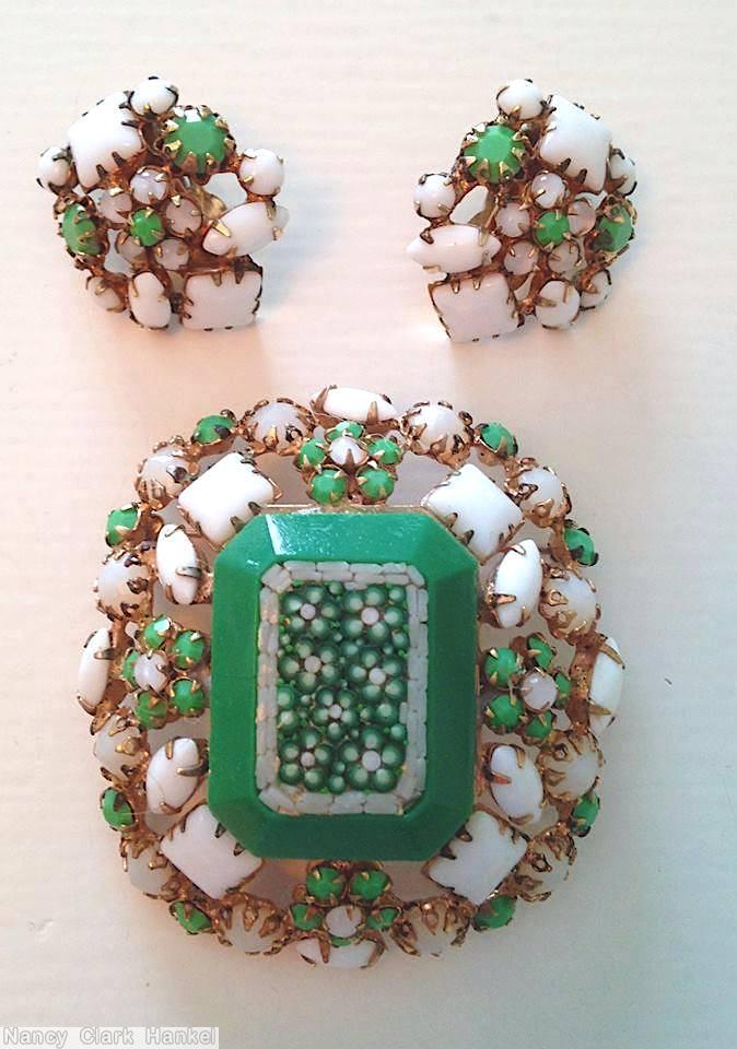 Schreiner mosaic rectangle stone center domed oval pin 4 clustered flower green white moonglow white goldtone jewelry