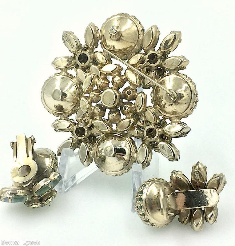 Schreiner square radial pin 4 large chaton corner 4 clustered flower small chaton center pale blud moonglow bicolor blue white navette ab chaton crystal chaton jewelry